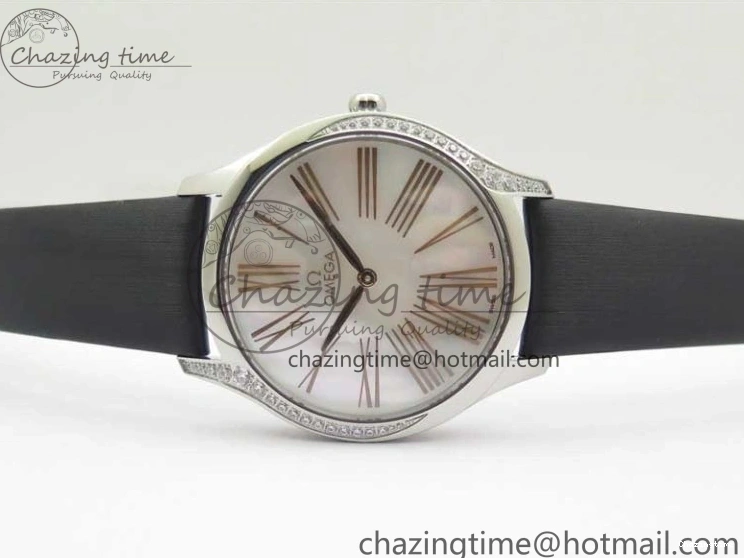 0410 StreetReady Ladies’ De Ville Trésor Diamond SS 3AF 1:1 Best Edition White MOP Dial RG Markers On Black Fabric strap Swiss Quartz 7884